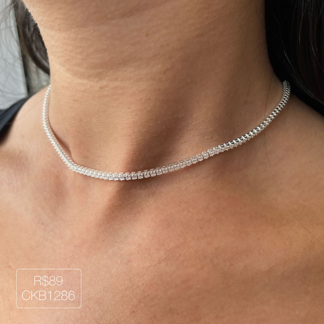 Choker Riviera Carré 2mm Cristal Prateada